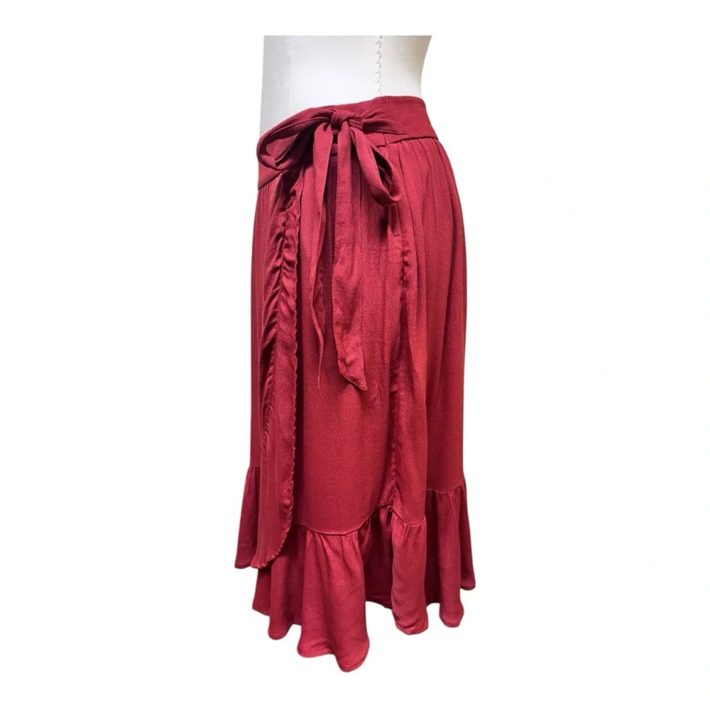 NWT LOFT Deep Red Ruffle Faux Wrap Skirt, Size 6, Burgundy, midi, flounce - Picture 5 of 15